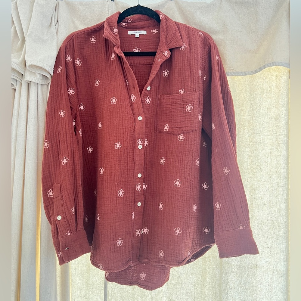 Madewell Brick Red Embroidered Daisy Lightspun Oversized Ex-Boyfriend Shirt